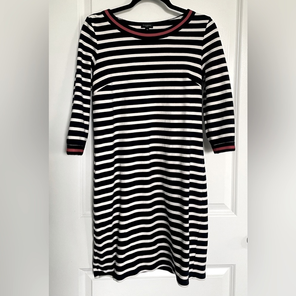 Talbots Striped Dress M Petite Casual Stretchy 100% Cotton Nautical 3/4 Sleeve